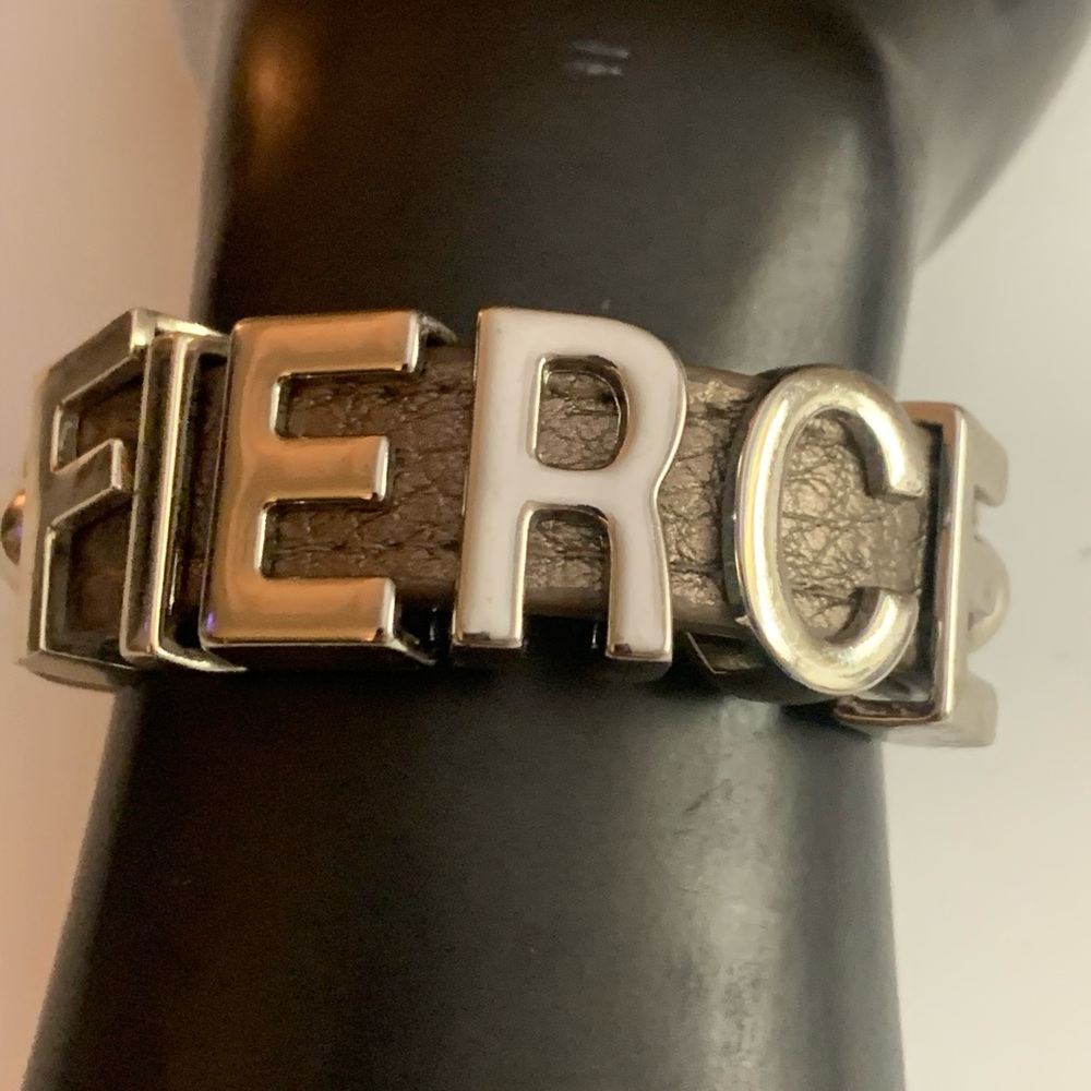 Brown Leather Unisex Bracelet with Silver-Tone Logo Letters